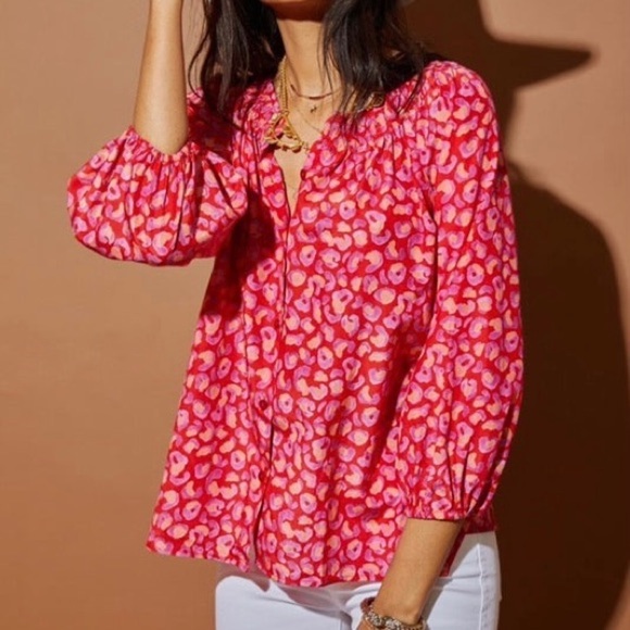 Tucker Classic Blouse Coral Silk Blend Hugs & Kisses Print Boho Smocked XS - Picture 1 of 8